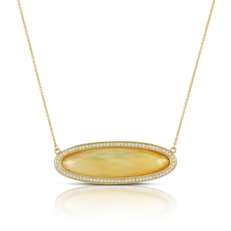18K Yellow Gold Diamond Necklace With Citrine Over White Mother Of Pearl.