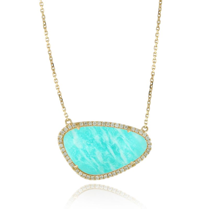 18K Yellow Gold Diamond Necklace With Clear Quartz Over Amazonite