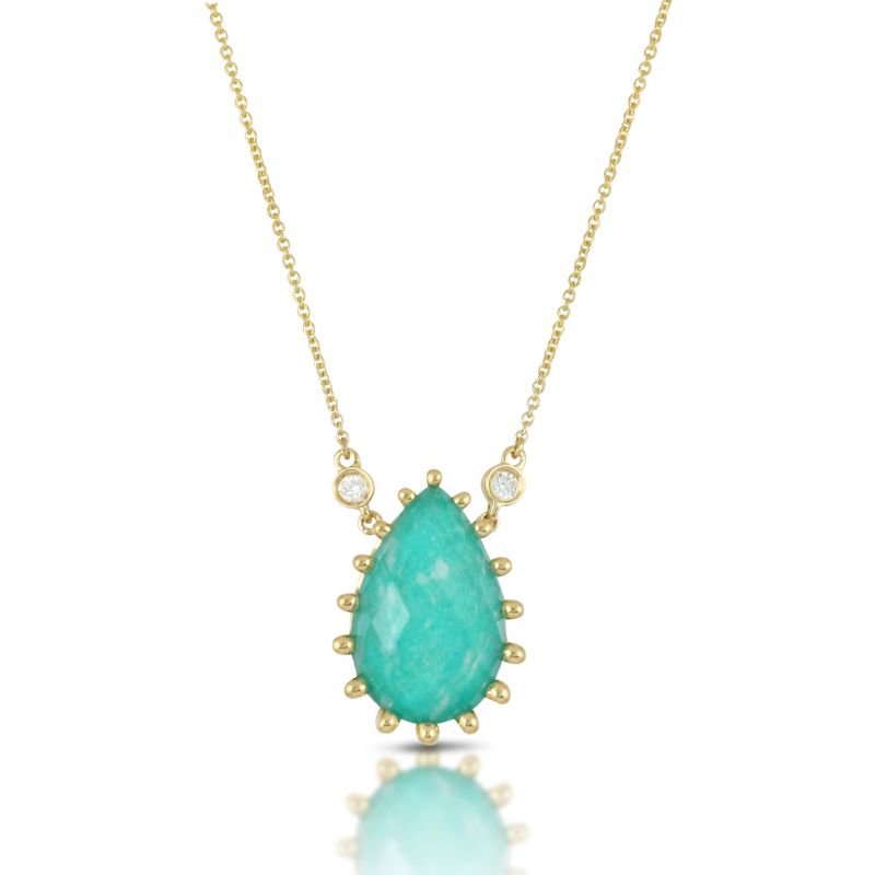 18K Yellow Gold Diamond Necklace With Clear Quartz Over Amazonite