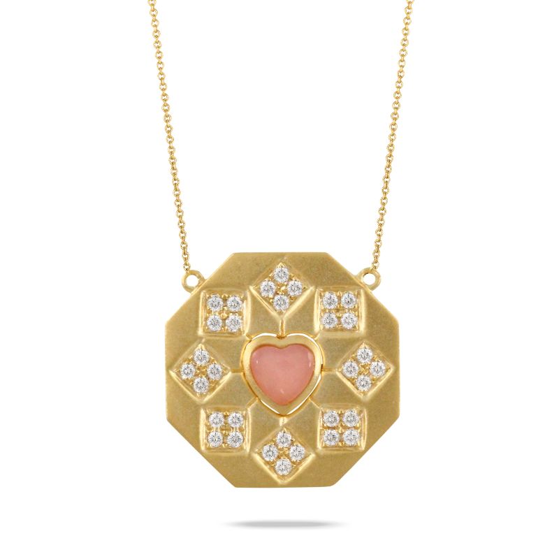 18K Yellow Gold Diamond Necklace With Pink Opal In Satin Finish