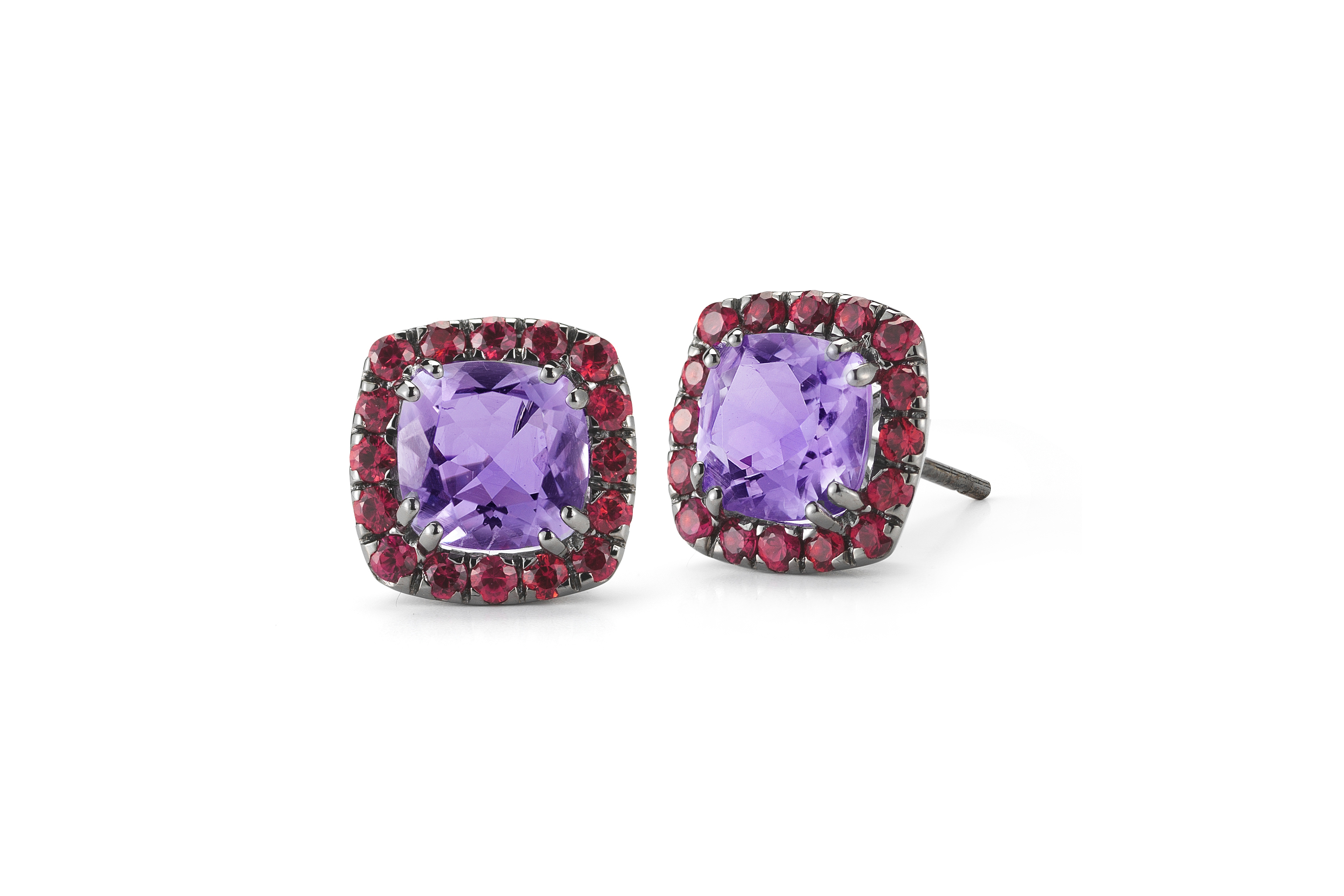 A & Furst Dynamite 18k Blackened Gold Amethyst And Rubie Stud Earrings 