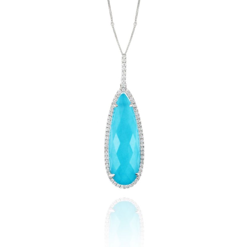 18K White Gold Diamond Pendant With Clear Quartz Over Turquoise