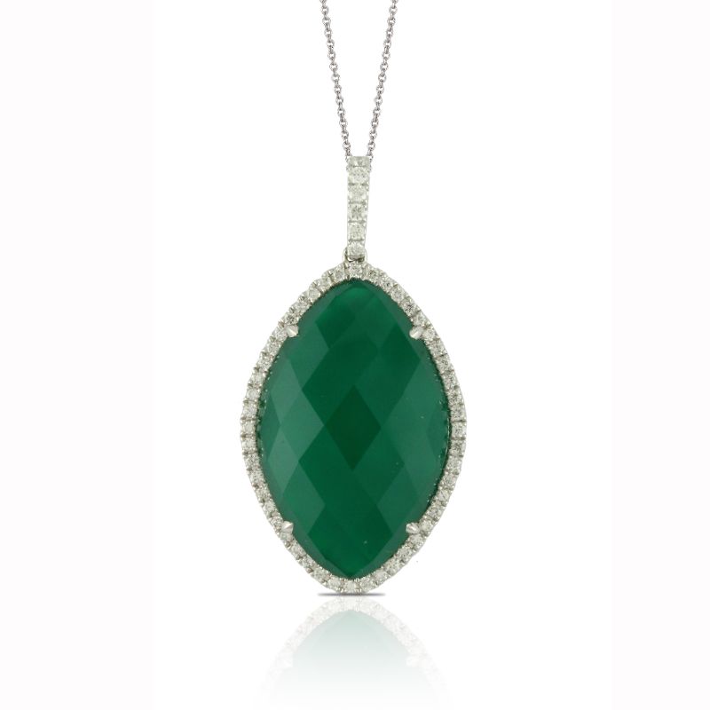 18K White Gold Diamond Pendant With White Topaz Over Green Agate