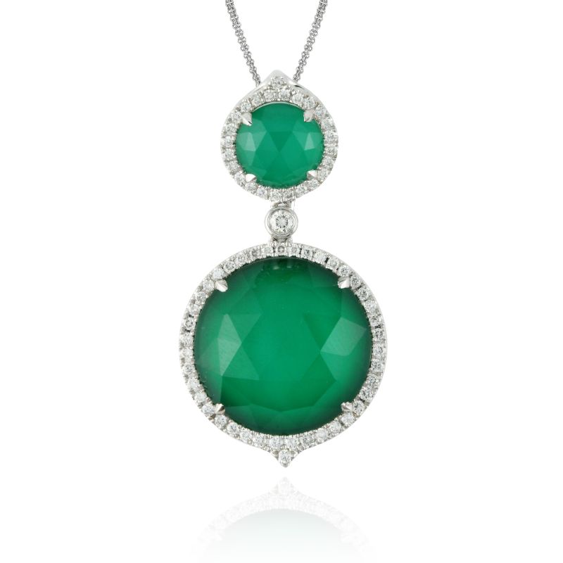 18K White Gold Diamond Pendant With White Topaz Over Green Agate