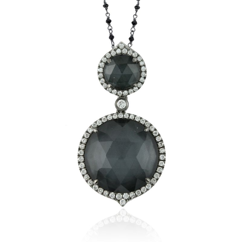 18K White Gold Diamond Pendant With White Topaz Over Hematite
