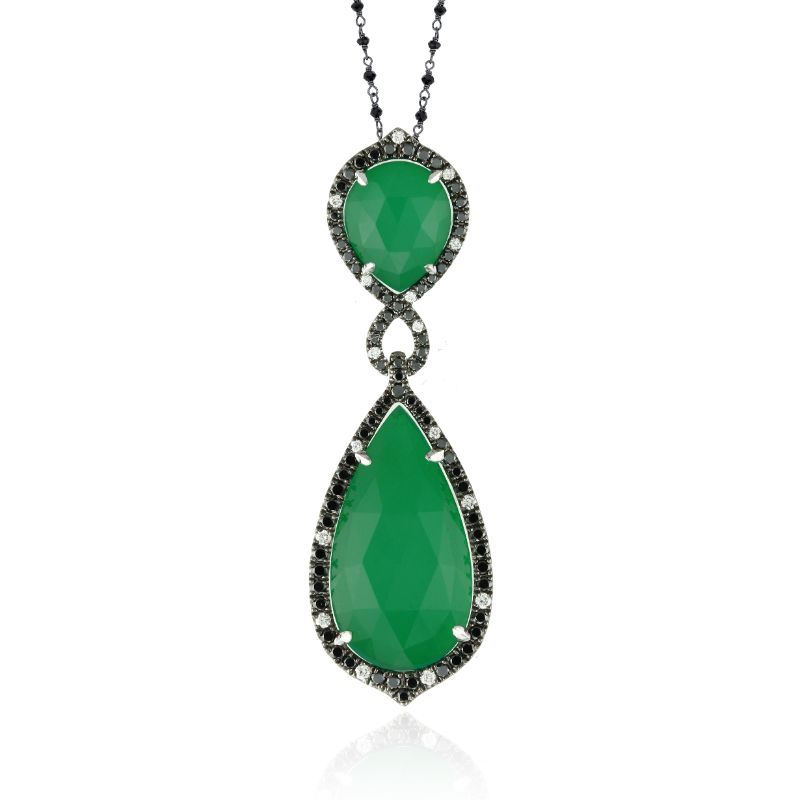 18K White Gold Diamond Pendant With Black And White Diamond With White Topaz Over Green Agate