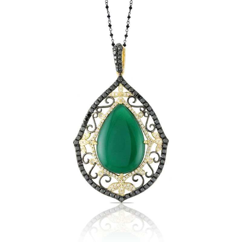 18K Yellow Gold Diamond Pendant With Black And White Diamond With Green Agate