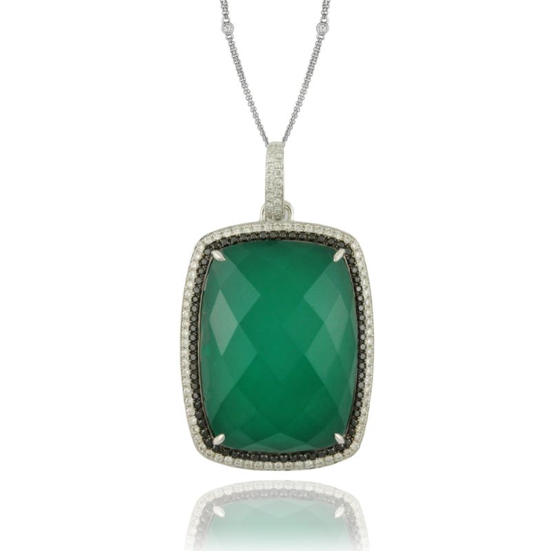 18K White Gold Diamond Pendant With 1 Row Of Black Diamond 1 Row Of White Diamond With White Topaz Over Green Agate