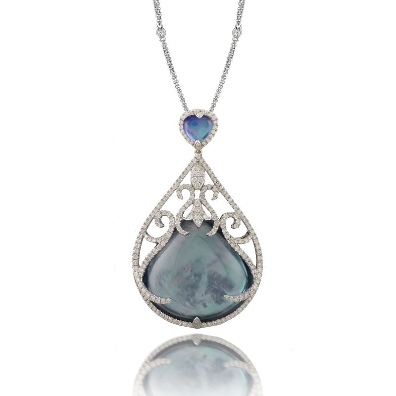 18K White Gold Diamond Pendant With Lapis Base White Mother Of Pearl Middle  And White Topaz On Top  Cabachon Cut