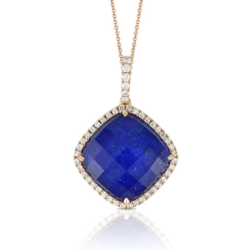 18K Rose Gold Diamond Pendant With Clear Quartz Over Lapis
