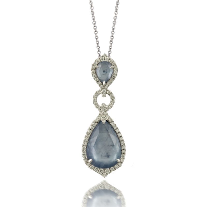 18K White Gold Diamond Pendant With Lapis Base White Mother Of Pearl Middle  And White Topaz On Top