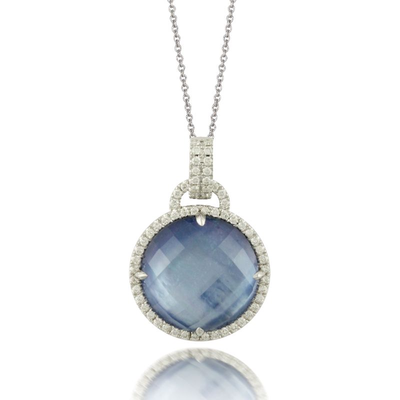 18K White Gold Diamond Pendant With Lapis Base White Mother Of Pearl Middle  And White Topaz On Top