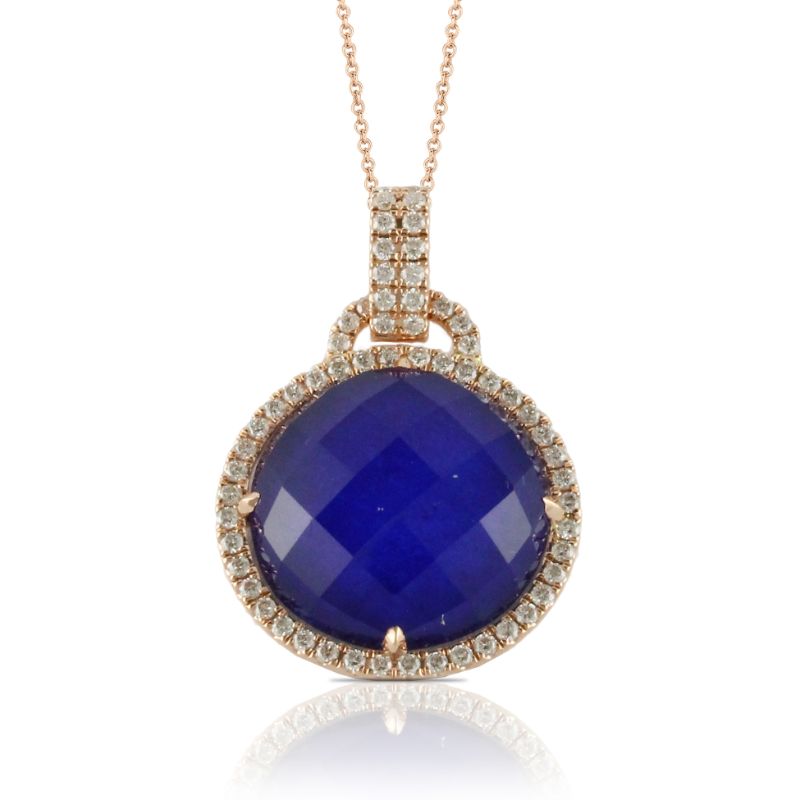 18K Rose Gold Diamond Pendant With Clear Quartz Over Lapis