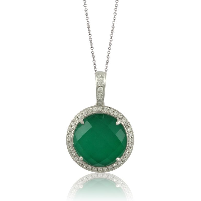 18K White Gold Diamond Pendant With White Topaz Over Green Agate