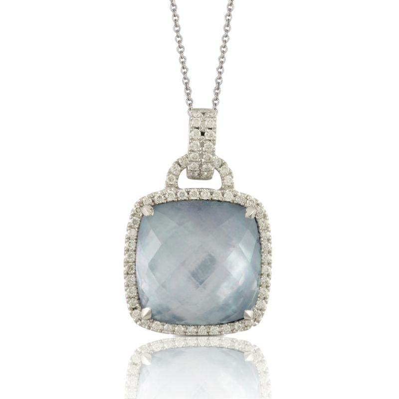 18K White Gold Diamond Pendant With Lapis Base Over White Mother Of Pearl And White Topaz Top