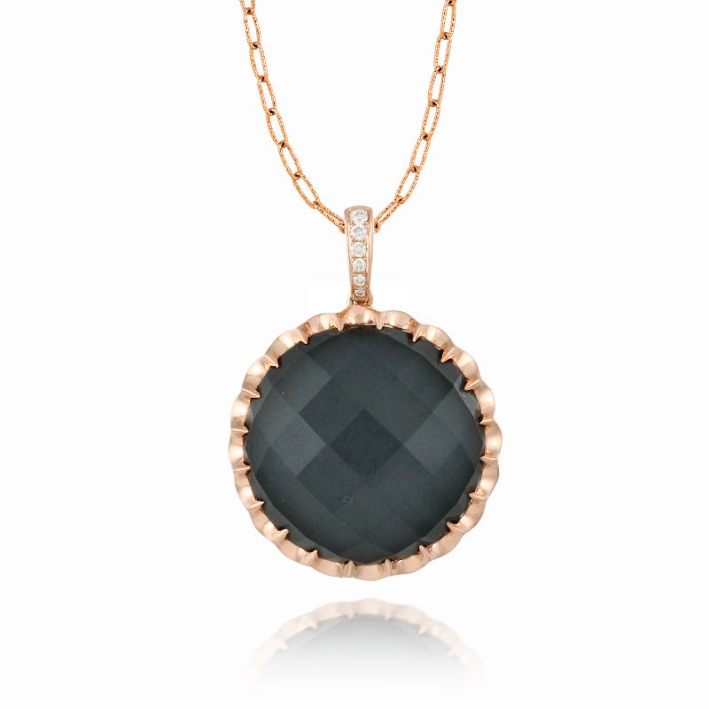 18K Rose Gold Diamond Pendant With Clear Quartz Over Hematite.