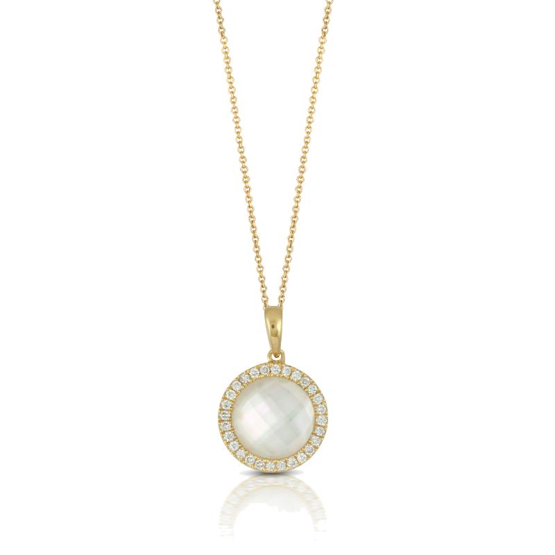 18K Yellow Gold Diamond Pendant With Clear Quartz Over White Mother Of Pearl