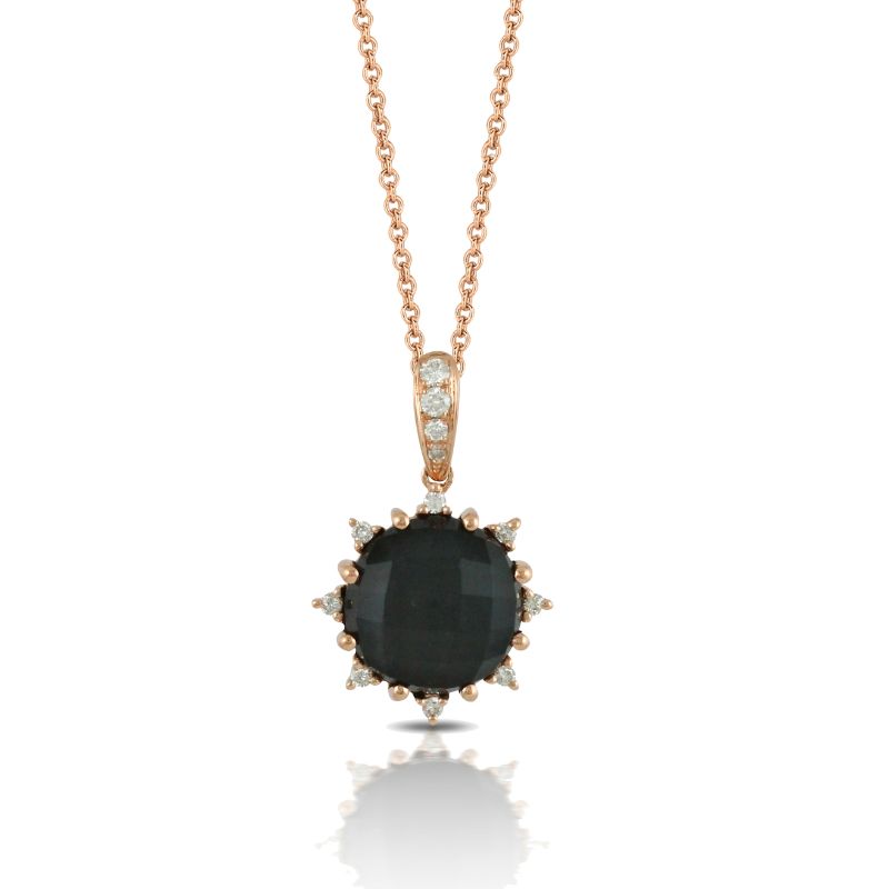 18K Rose Gold Diamond Pendant With Clear Quartz Over Hematite