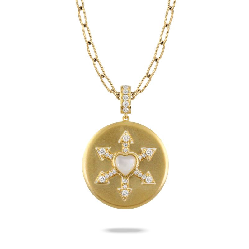 18K Yellow Gold Diamond Pendant With Clear Quartz Over White Mother Of Pearl Center