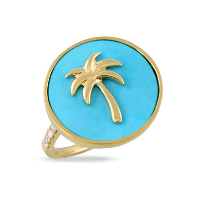 Doves 18k Yellow Gold Diamond And Turquoise Medallion Ring 