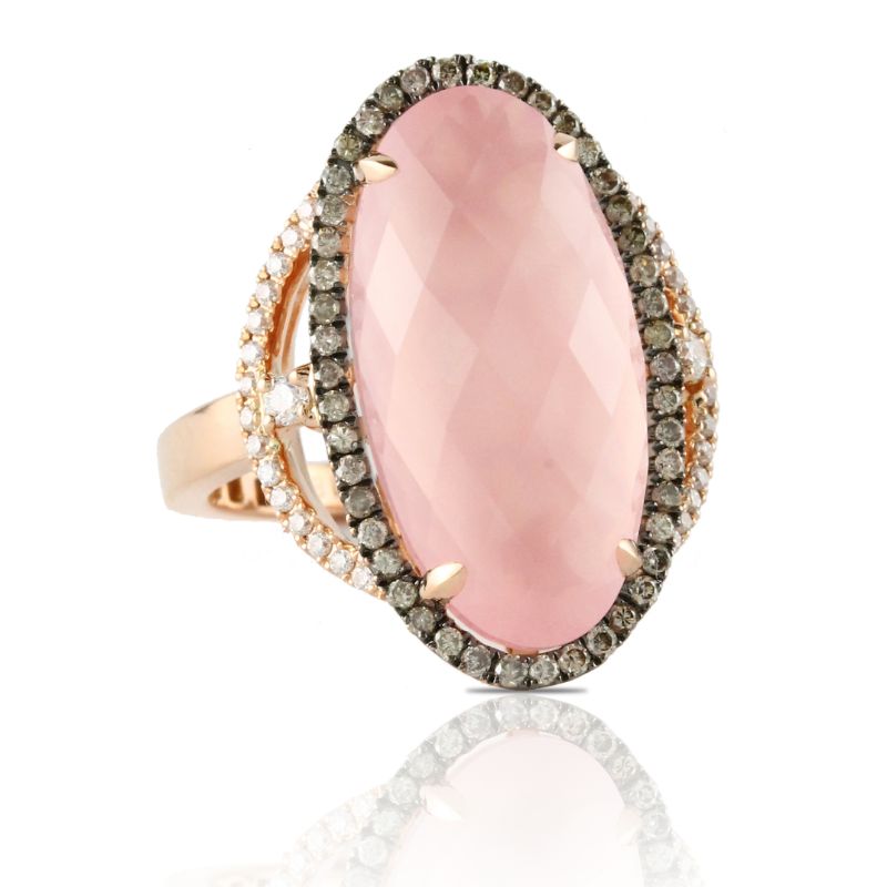18K Rose Gold Diamond Ring With Brown And White Diamond With Rose Quartz Over Pink Mother Of Pearl Center