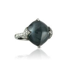 18K White Gold Diamond Ring With White Topaz Over Hematite