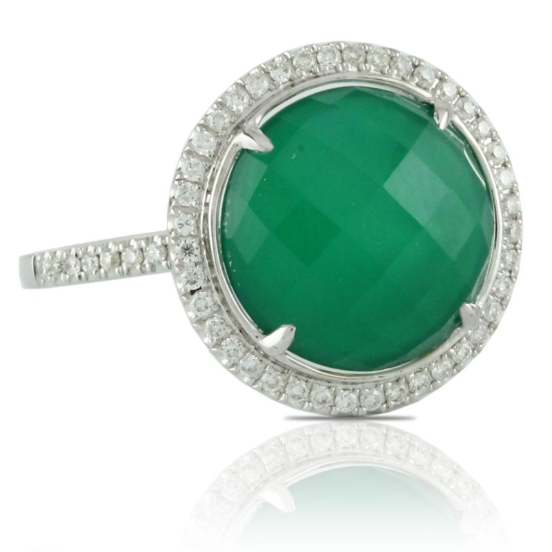 18K White Gold Diamond Ring With White Topaz Over Green Agate