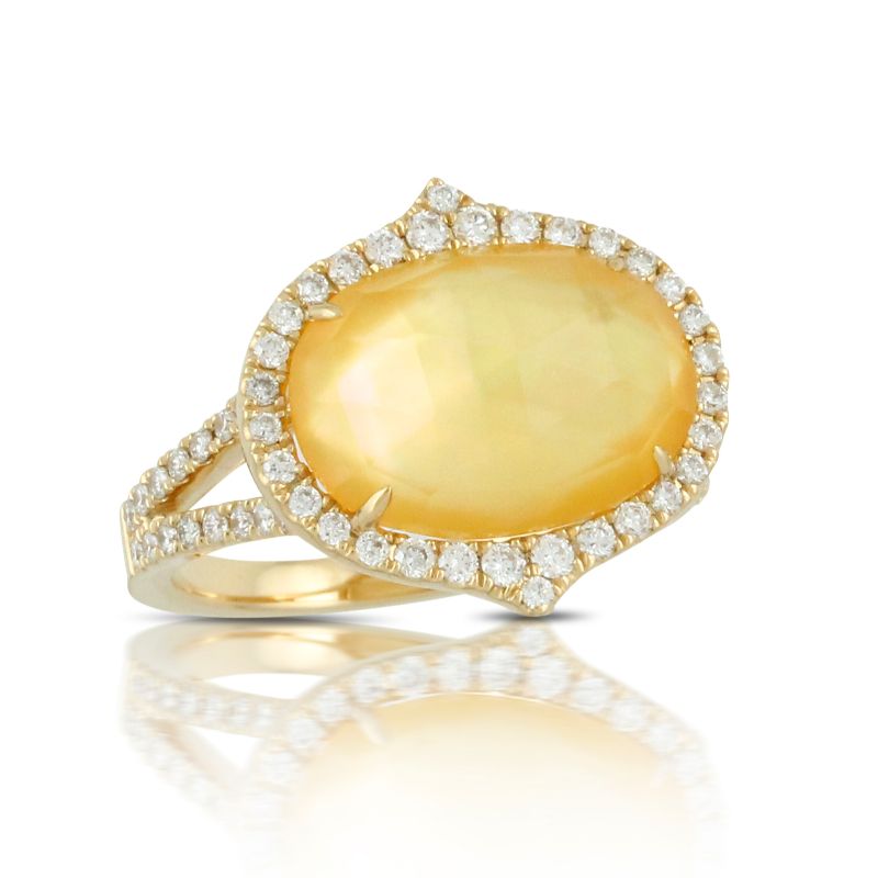 18K Yellow Gold Diamond Ring With Citrine Over White Mother Of Pearl