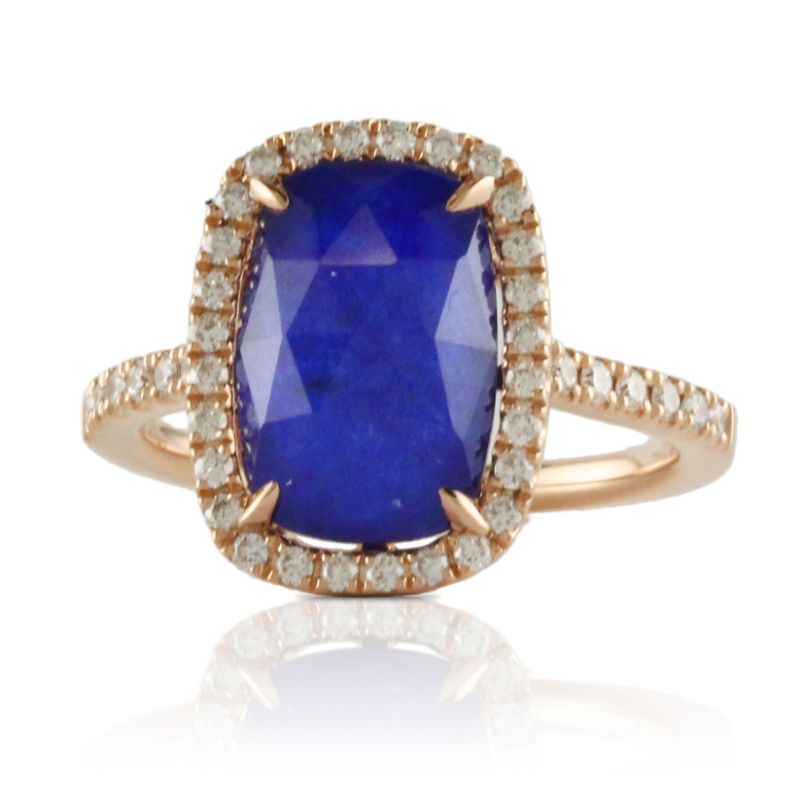 18K Rose Gold Diamond Ring With Clear Quartz Over Lapis
