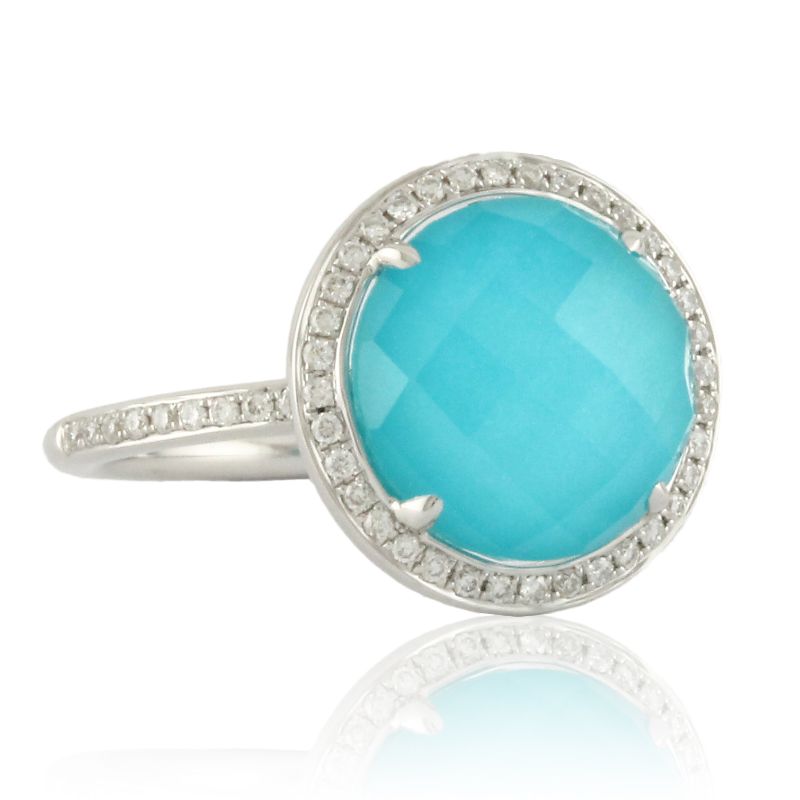 18K White Gold Diamond Ring With Clear Quartz Over Turquoise