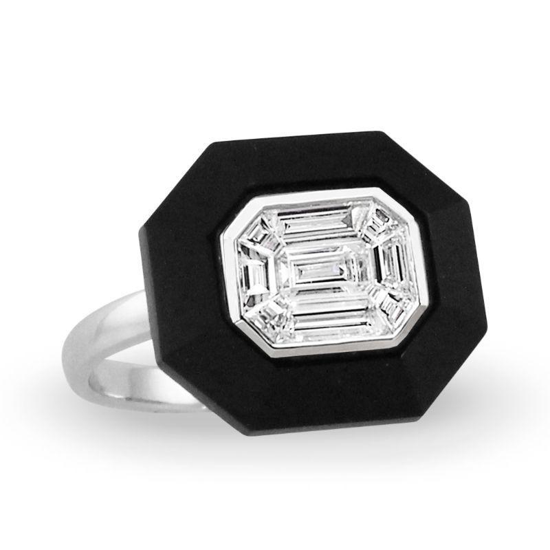 18K White Gold Invisible Set Diamond Ring With Black Onyx