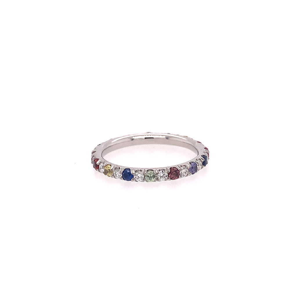 A Platinum Diamond And Multi-color Sapphire Eternity Band.