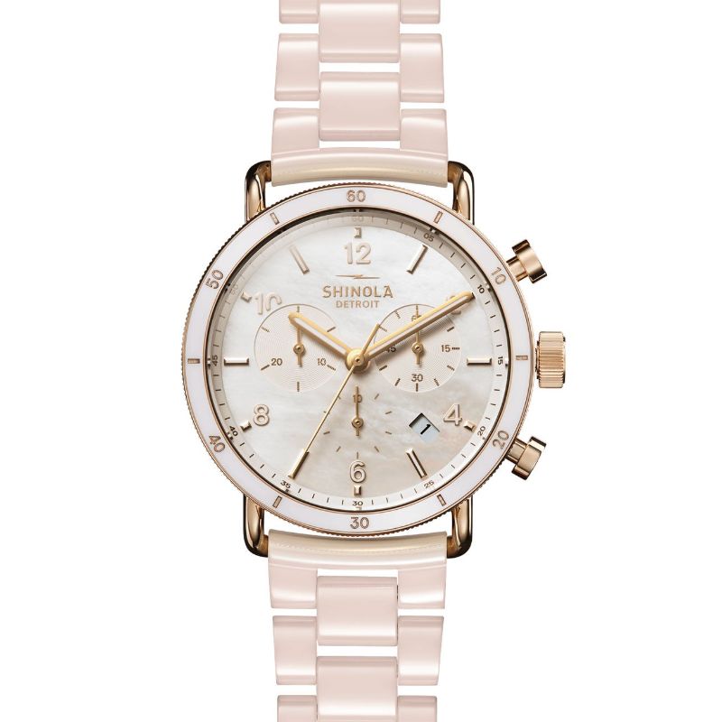 Canfield Sport 40mm Chronograph, White MOP Dial Blush Ceramic Bracelet Watch