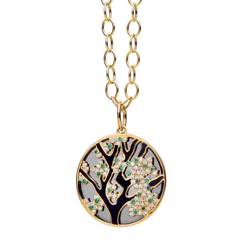 SYNA 18k Yellow Gold & Oxidized Silver Jardin Cherry Blossom Pendant 